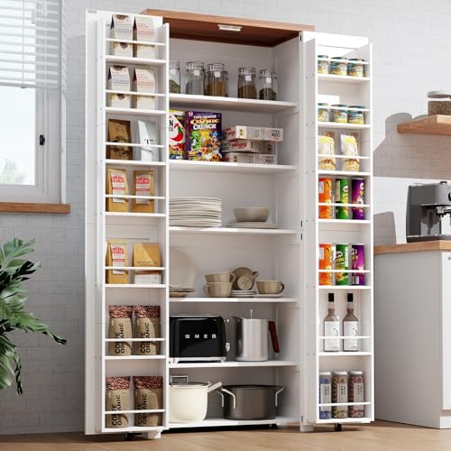 HollyHOME 72" Kitchen Pantry Cabinet, Storage Cabinet with 4 Doors and 1 Drawer, Freestanding Cupboard with Adjustable Shelves and 6 Door Shelves for Kitchen, Dining Room, Living Room, White