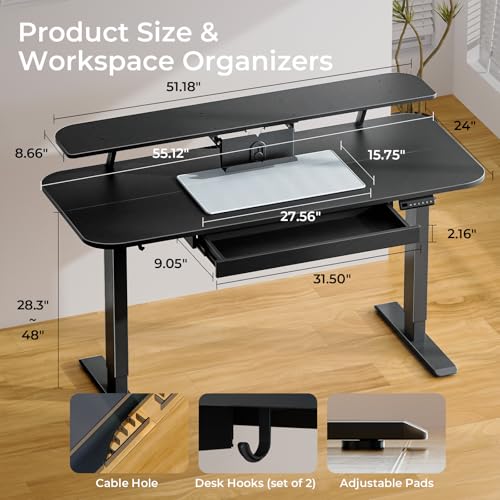 COMHOMA Electric Standing Desk with Drawers, 48 x 24'' Sit Stand up Desk with Monitor Stand, Laptop Stand, Height Adjustable Ergonomic Home Office Computer Desk with Memory Preset Controller (Black)