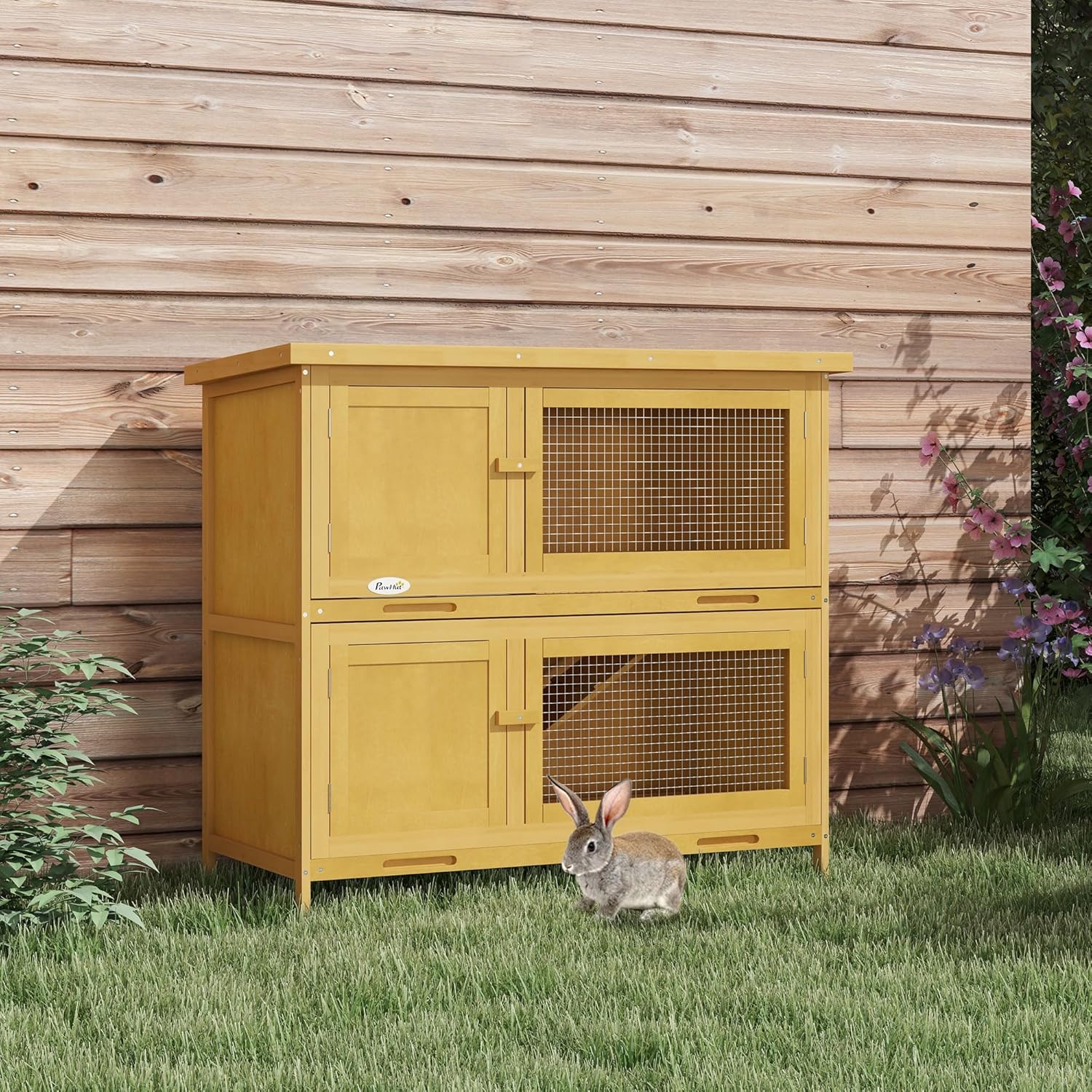 Wooden Bunny Rabbit Hutch, Small Animal Habitat with Ramp, Removable Tray & Weatherproof Roof, Indoor/Outdoor, Yellow