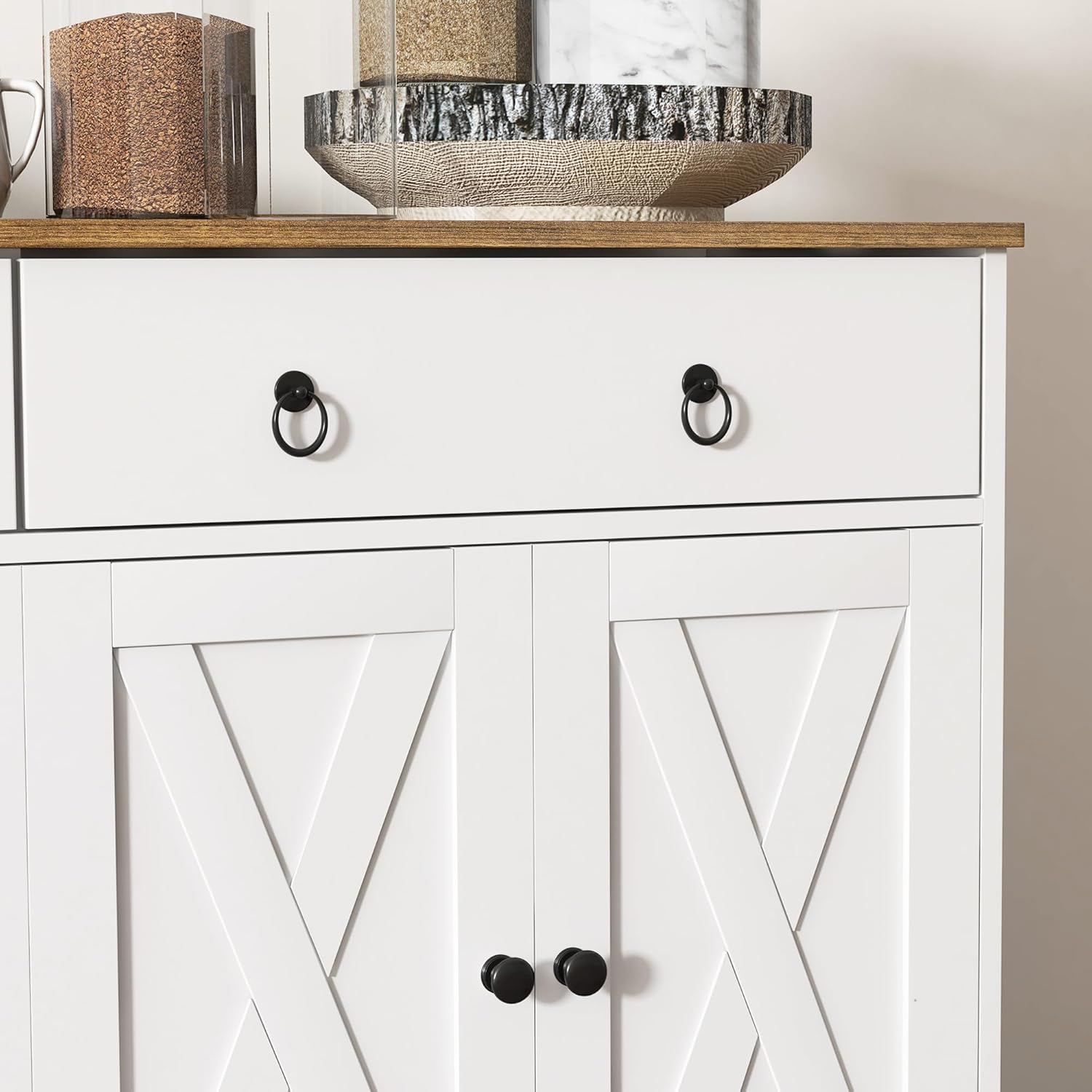 HOMCOM Sideboard Buffet Cabinet with Storage, 48" Kitchen Storage Cabinet with 2 Drawers and 4 Barn Doors, Farmhouse Coffee Bar Cabinet, Buffet Table with Wood Grain Top, White