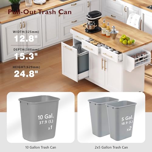 60" Kitchen Island with Drop Leaf and Power Outlet, Rolling Kitchen Cart on Wheels with Trash Can Storage Cabinet, Spice Rack, Towel Rack and Adjustable Shelf for Dining Room