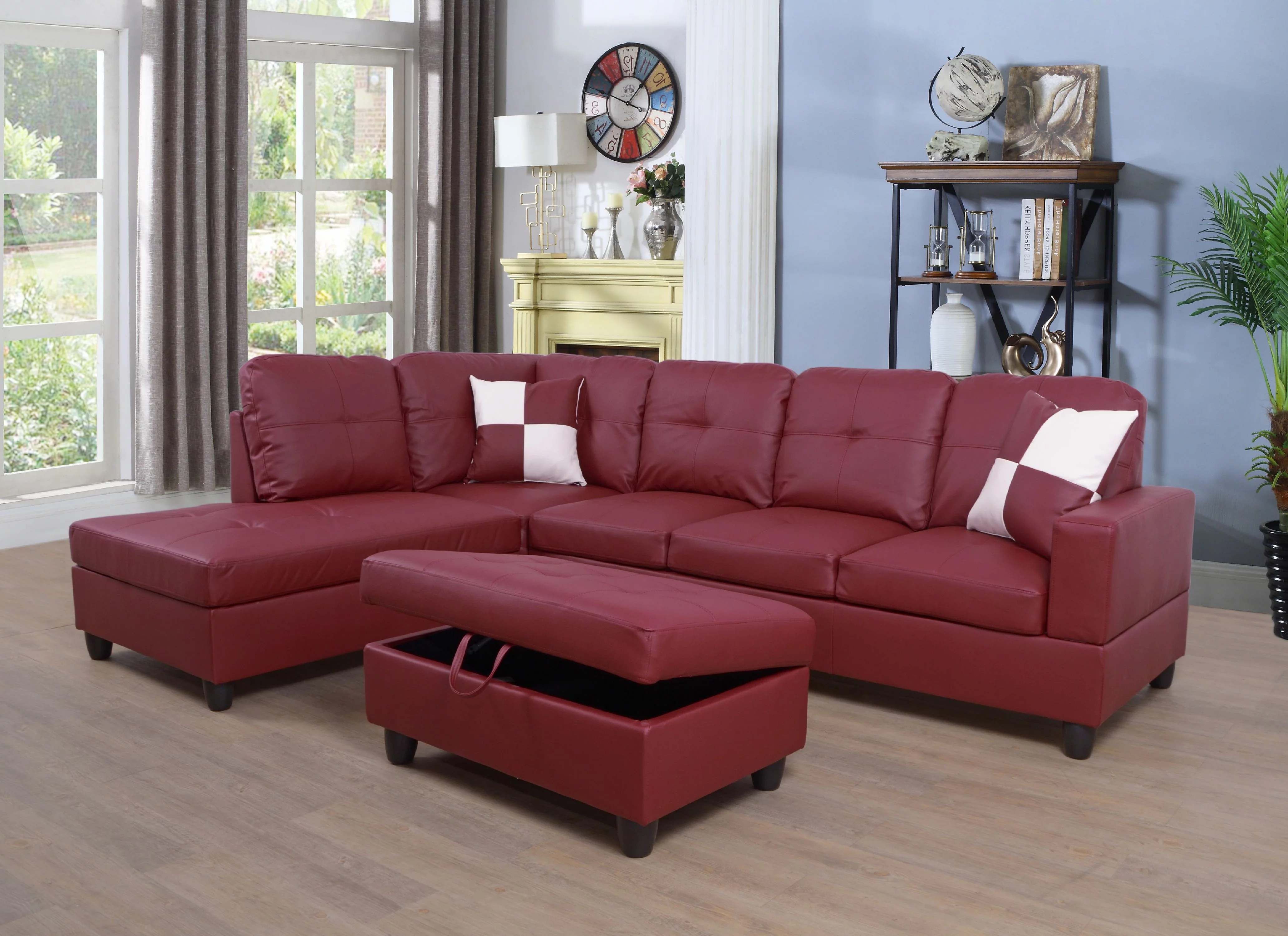 Zion Sectional Sofa Couch,L-Shaped Modern Style with Storage Ottoman 3-Piece for Living Room | Faux Leather (Left Hand Facing, Red)