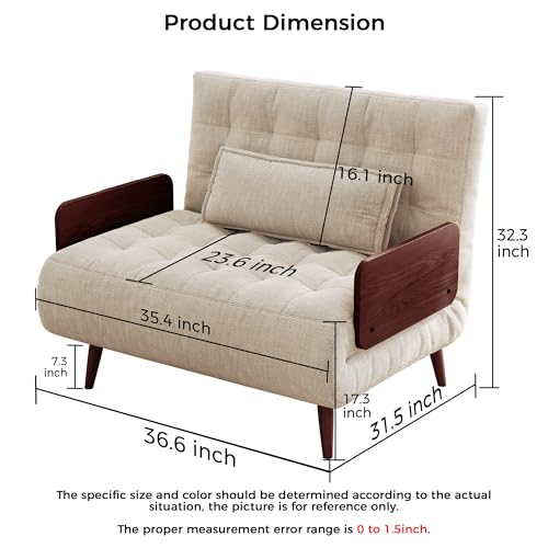 3-in-1 Convertible Chair Bed Sleeper for Adults, Linen Convertable Sleeper Chair with Wooden Arms & Pillows, Foldable Single Futon Sofa Bed (Mid Century with Walnut Arm, 36.6" Wide)