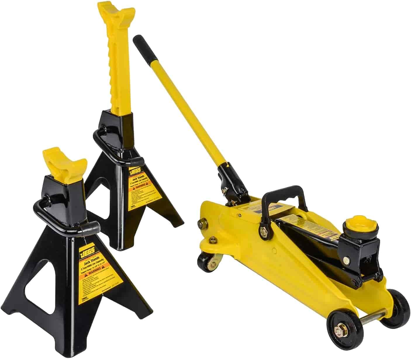 JEGS Hydraulic Utility Floor Jack and Jack Stands | 2-Ton Capacity | Heavy Gauge Steel Frames | Powder Coated Black and Yellow | Heavy Duty Caster Wheels on Floor Jack