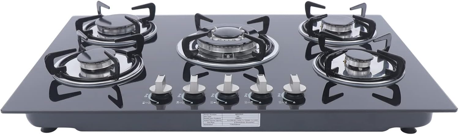 30 Inch Gas Cooktop 5 Burners Gas Stove Gas Hob Stovetop Tempered Glass Cooktop Cast Iron Grates Built-in Gas Stove Top LPG/NG Gas Cooktop Flameout Protection (5 Burners, 30'' x 20'')