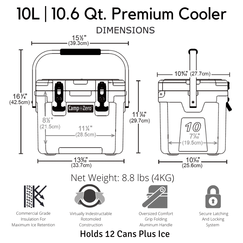 CAMP-ZERO 10L Premium Cooler/Ice Chest with Carry Handle and 2 Molded-in Cup Holders with Drain Channels | Turquoise