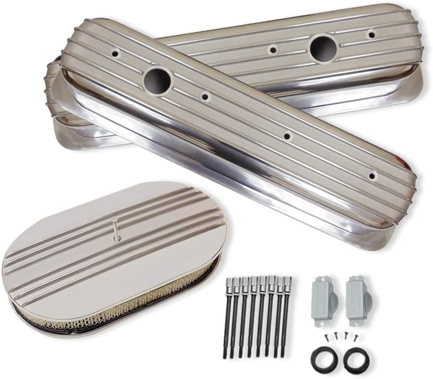 DEMOTOR PERFORMANCE For Chevy 350 Retro Half/Partial Finned Vortec & TBI Valve Covers 15" Air Cleaner Dress Up Kit