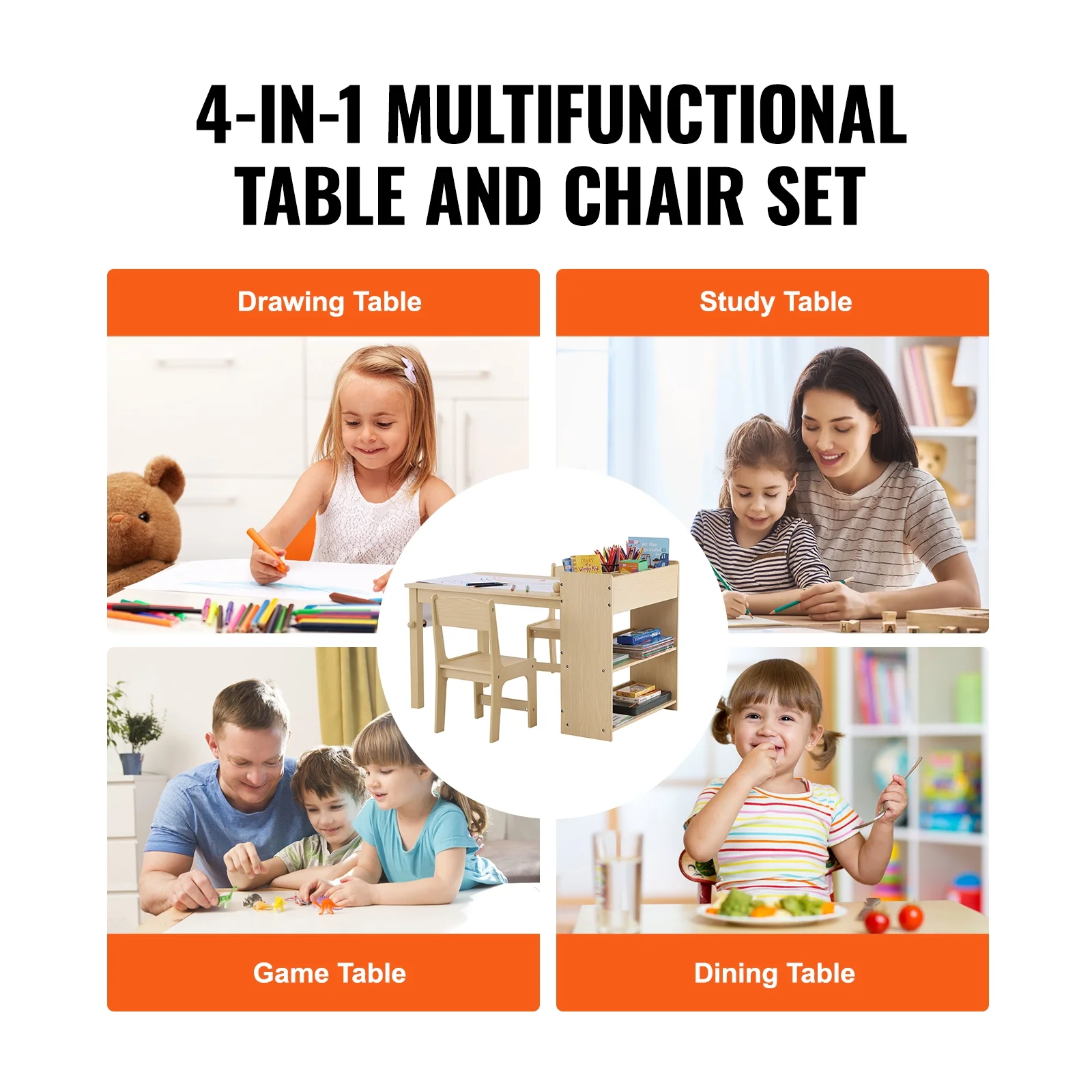 SKYSHALO 2-in-1 Kids Art Table and 2 Chairs Toddler Craft Set and Wooden Play Activity Drawing Table with A Cabinet Paper Roll Storage Bins