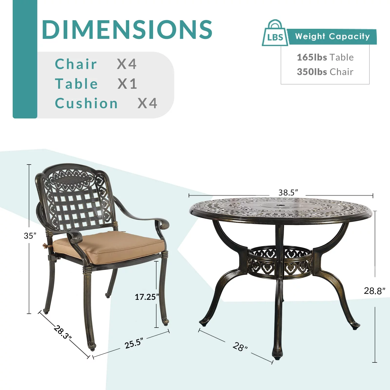 MEETWARM 5 Piece Patio Dining Set, Outdoor All-Weather Cast Aluminum Dining Table Set, Patio Furniture Set for Backyard Garden Deck, Include 4 Chairs, 4 Cushions and 1 Round Table with Umbrella Hole