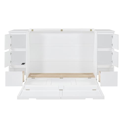 Twin Size Murphy Beds with Charging Station and Storage Drawers, Wood Cabinet Bed Frame, Wall Bed with Outlet & USB Ports for Home Office Studio, White
