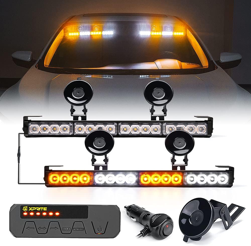 Xprite Emergency Traffic Advisor Strobe Dual Light Bar, White Amber LED Interior Windshield Visor Deck Safety Hazard Warning Caution Flashing Lightbars w/Control Box, for Construction Vehicles Trucks Pack of 2