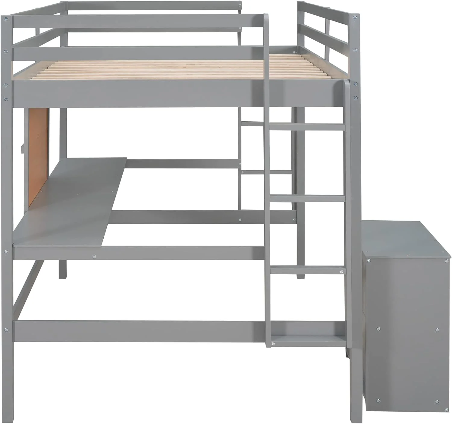 Full Size Loft Bed Frame With Desk, Storage Shelves And Writing Board, Wood Loft Beds With Two Ladders And Moveable 2-Shelf Cabinet, High Loft Bed For Kids Boys Girls Teens, Gray