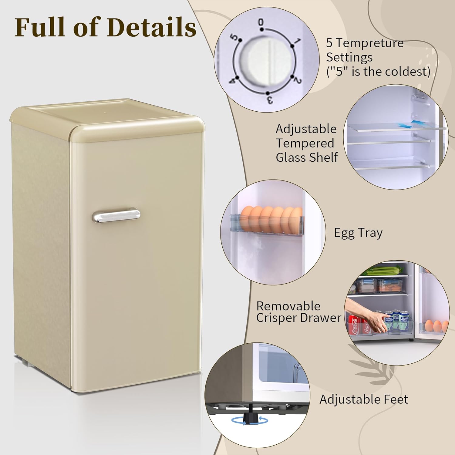 Mini Fridge for Bedroom Retro Style, 3.0 Cu.Ft Mini Fridge with Freezer, Compact Fridge for Bedroom with Adjustable Shelves&Egg Tray for Dorm, Kitchen, Bedroom, Living Room, Office(Gold)