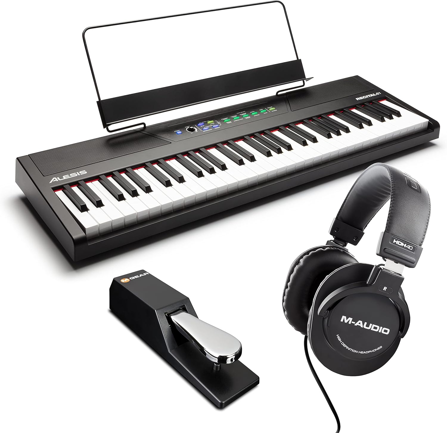 Alesis Recital 61 – 61 Key Digital Piano Keyboard with Semi Weighted Keys, 10 Voices, Piano Lessons, M-Audio Sustain Pedal and HDH40 Piano Headphones