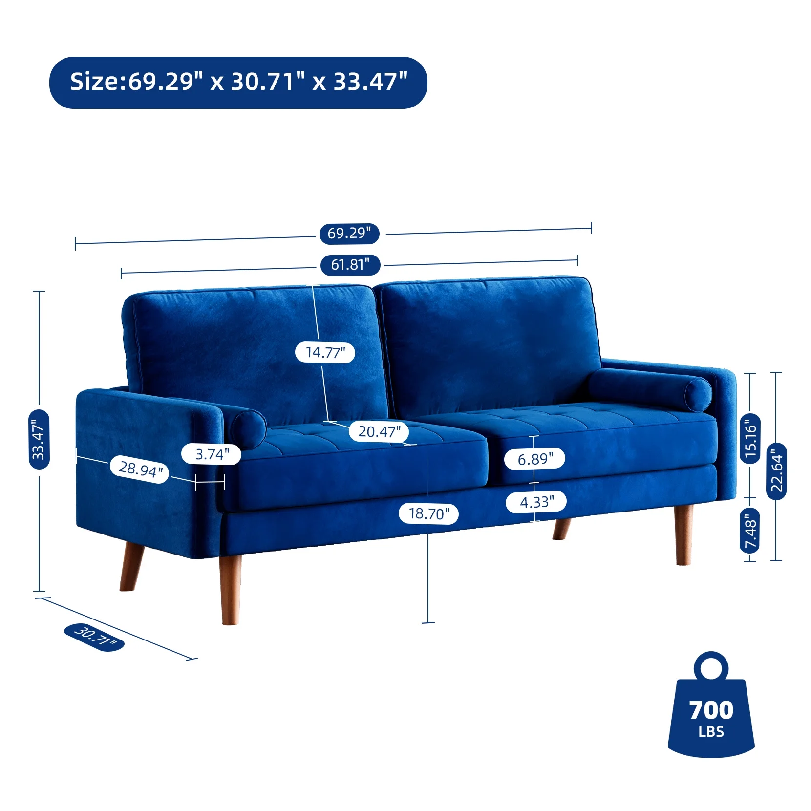 NAIMP 69.3'' W Blue Couches, Velvet Rolled Arm Sofa, Upholstered 3-Seater Loveseat w/Armrest for Living Room Bedroom, Apartment, Home Office