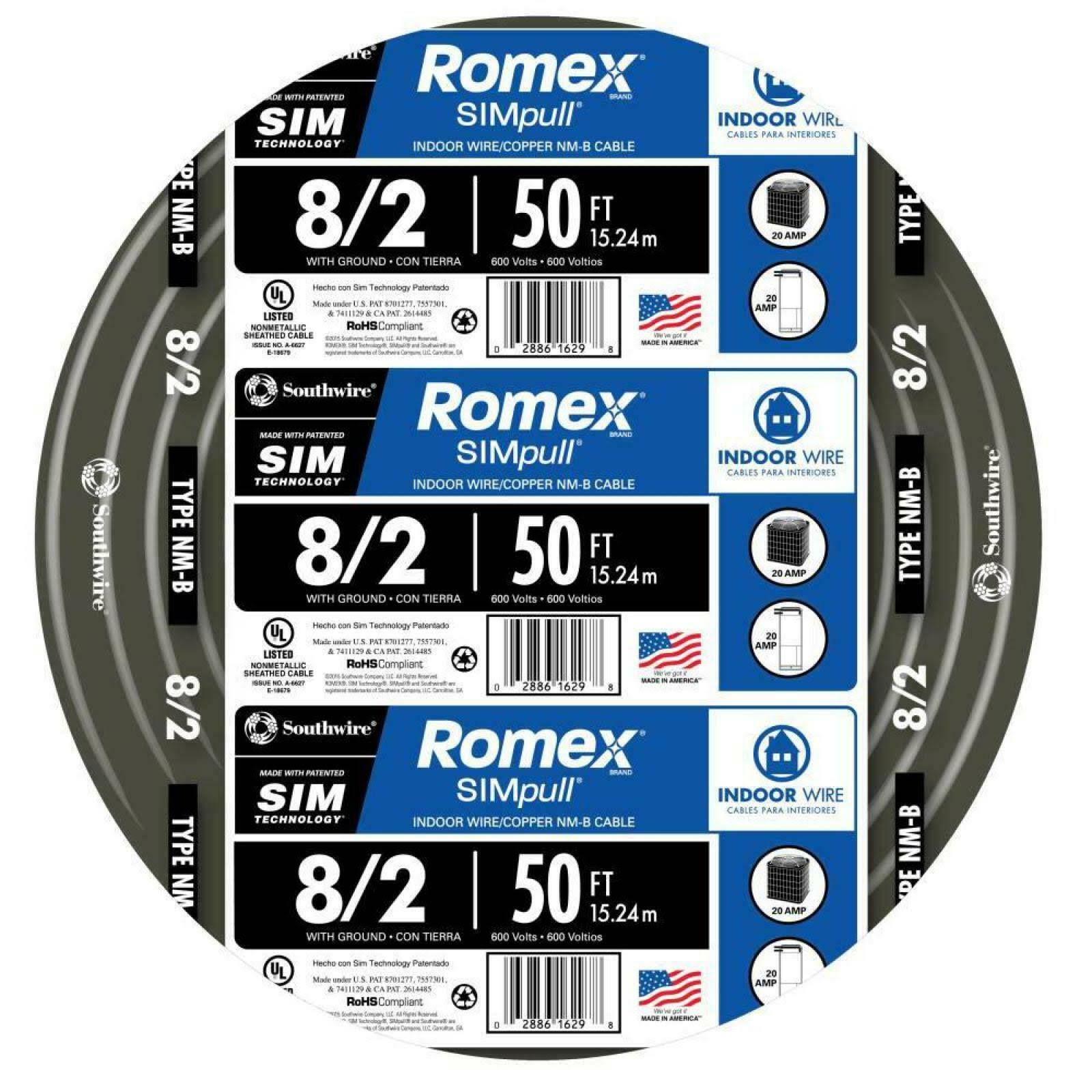 Southwire 50 ft. 8/2 Black Stranded Romex SIMpull Cu NM-B W/G Wire