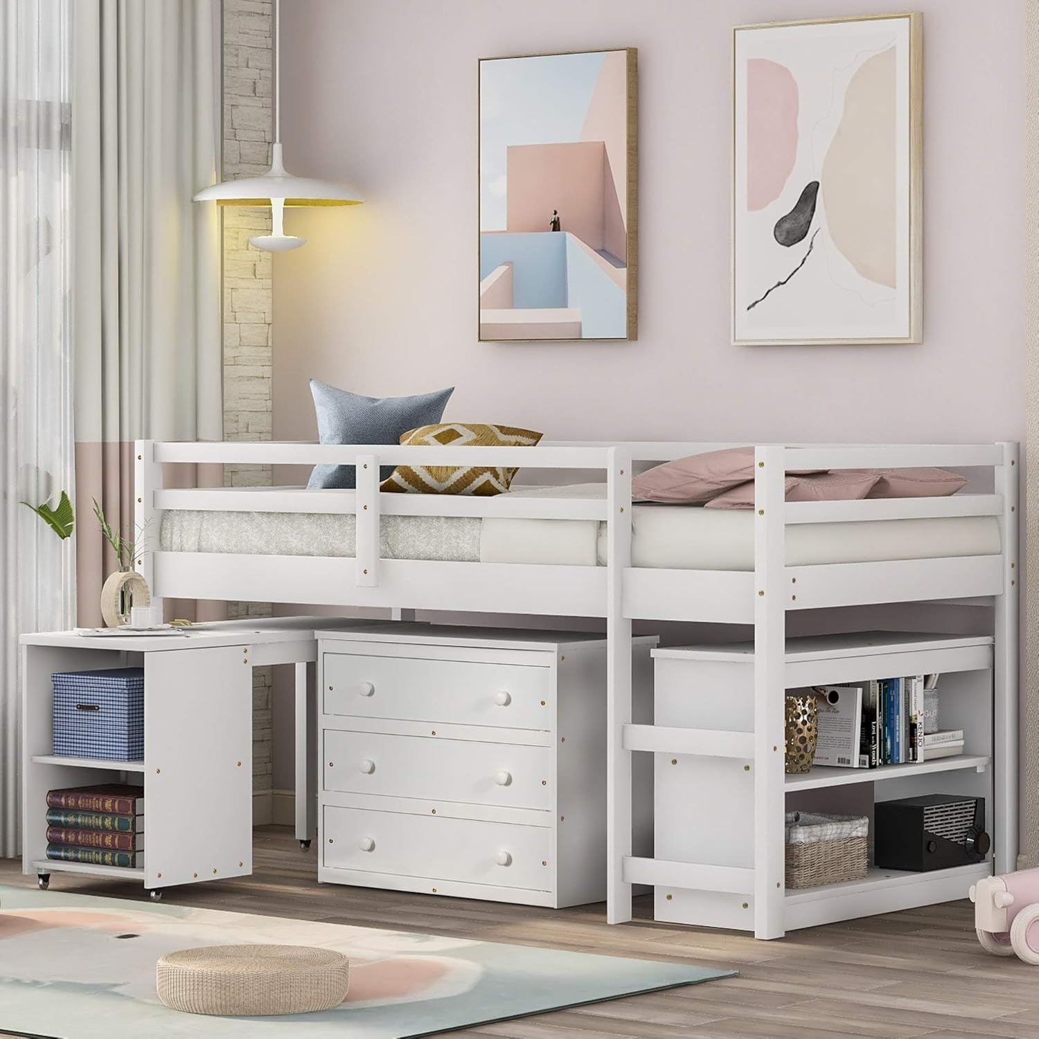 Merax Solid Wood Twin-Size Low Loft Bed Frame with Ladder for Kids Bunk, Cabinet + Desk, Gray