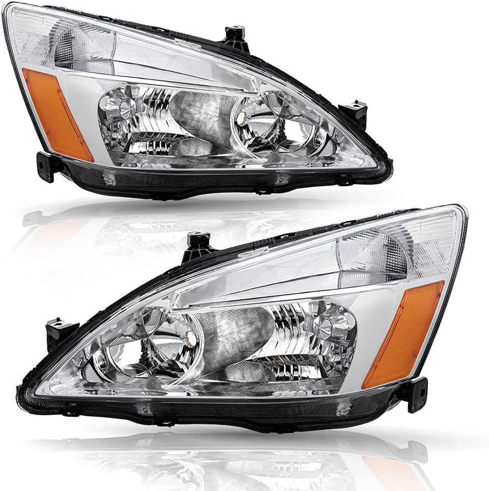 BRYGHT Headlight Assembly Set Replacement for 2003-2007 Honda Accord (Black Housing W/Amber Reflector)