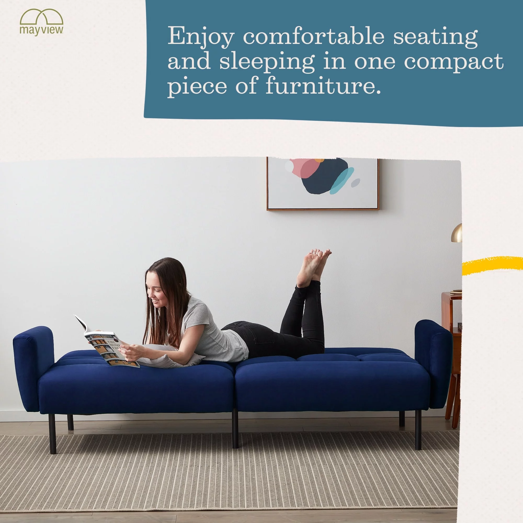 Mayview Sofa Bed with Box Tufting and Removable Arms, Navy Velvet