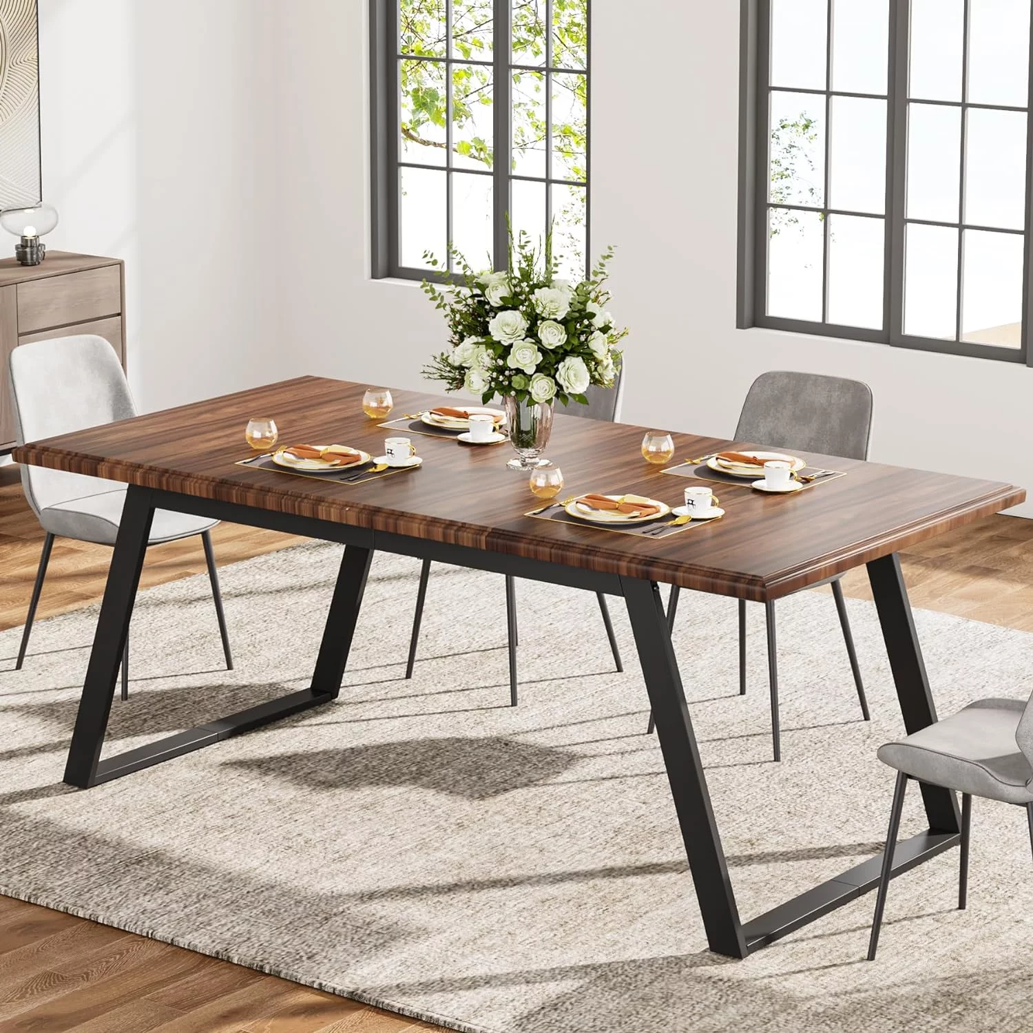 Tribesigns Dining Table for 6, 63-Inch Large Wood Kitchen Table, Rectangular Dinner Table with Metal Legs for Dining Room, Kitchen (Brown/Black) - Curated Treasures Market