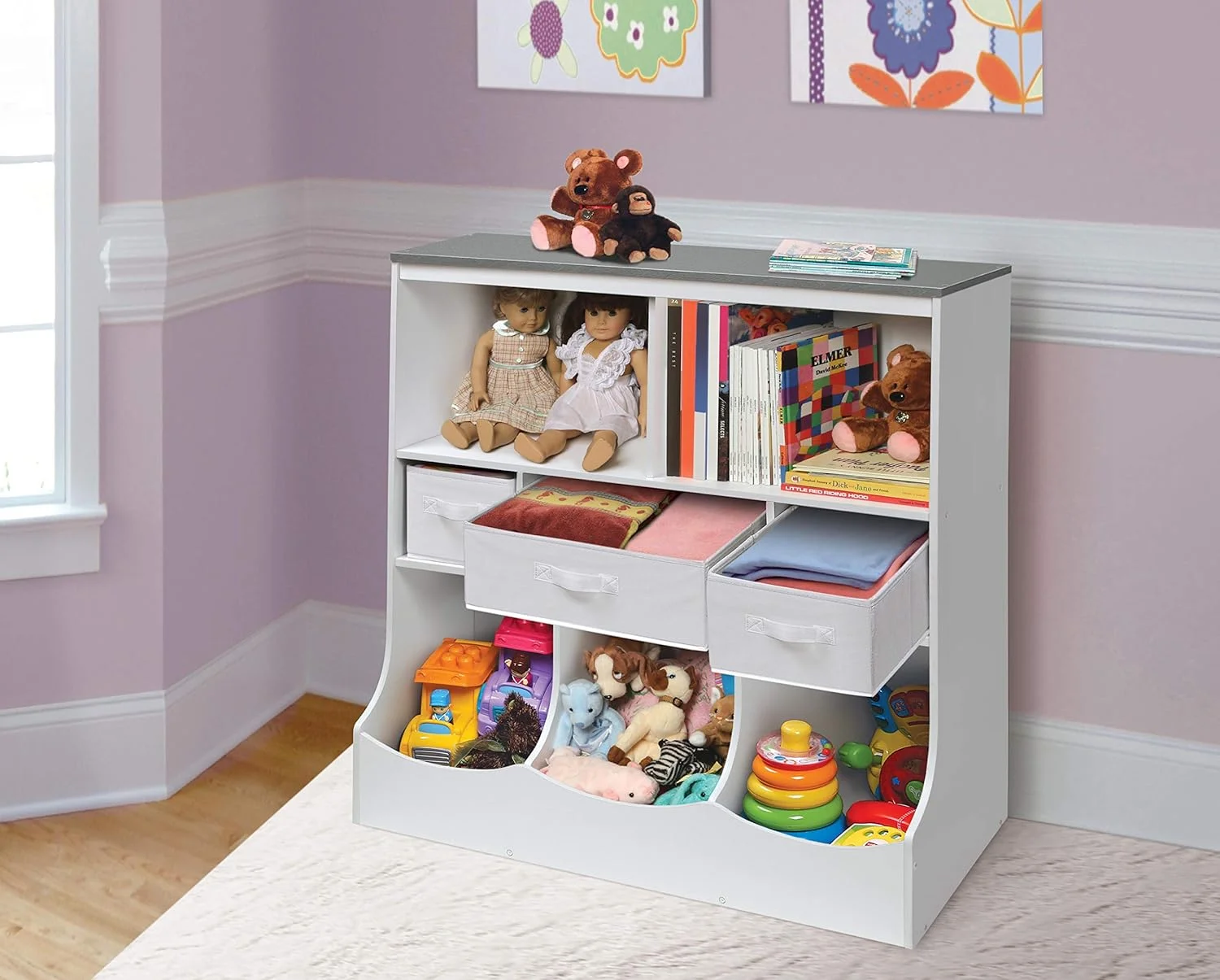 WAGEE Combo Bin Toy Storage Unit and Book Shelf for Kids with 3 Baskets - White/Gray