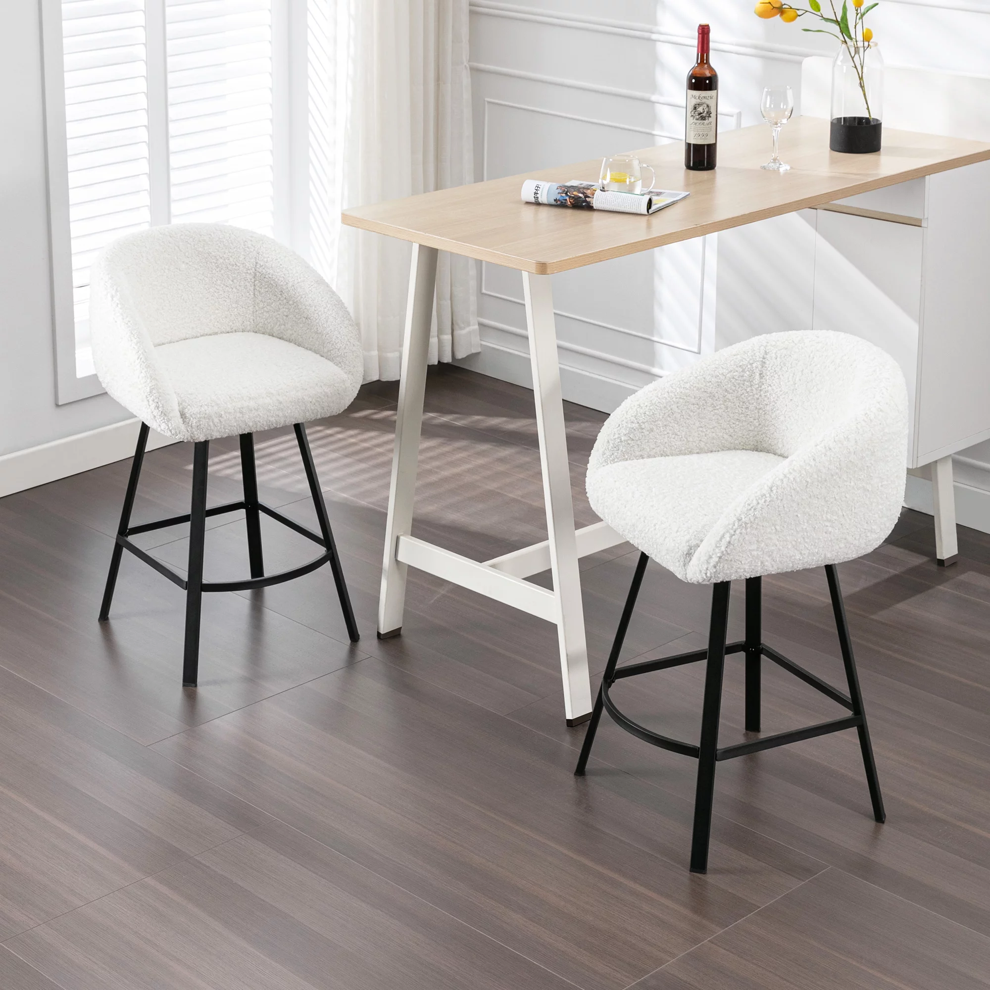 Zesthouse 25.6" Counter Height Swivel Bar Stools Set of 2, Sherpa Barrel Bar Stools with Backs, Modern Boucle Counter Stools for Pub Kitchen Island, White
