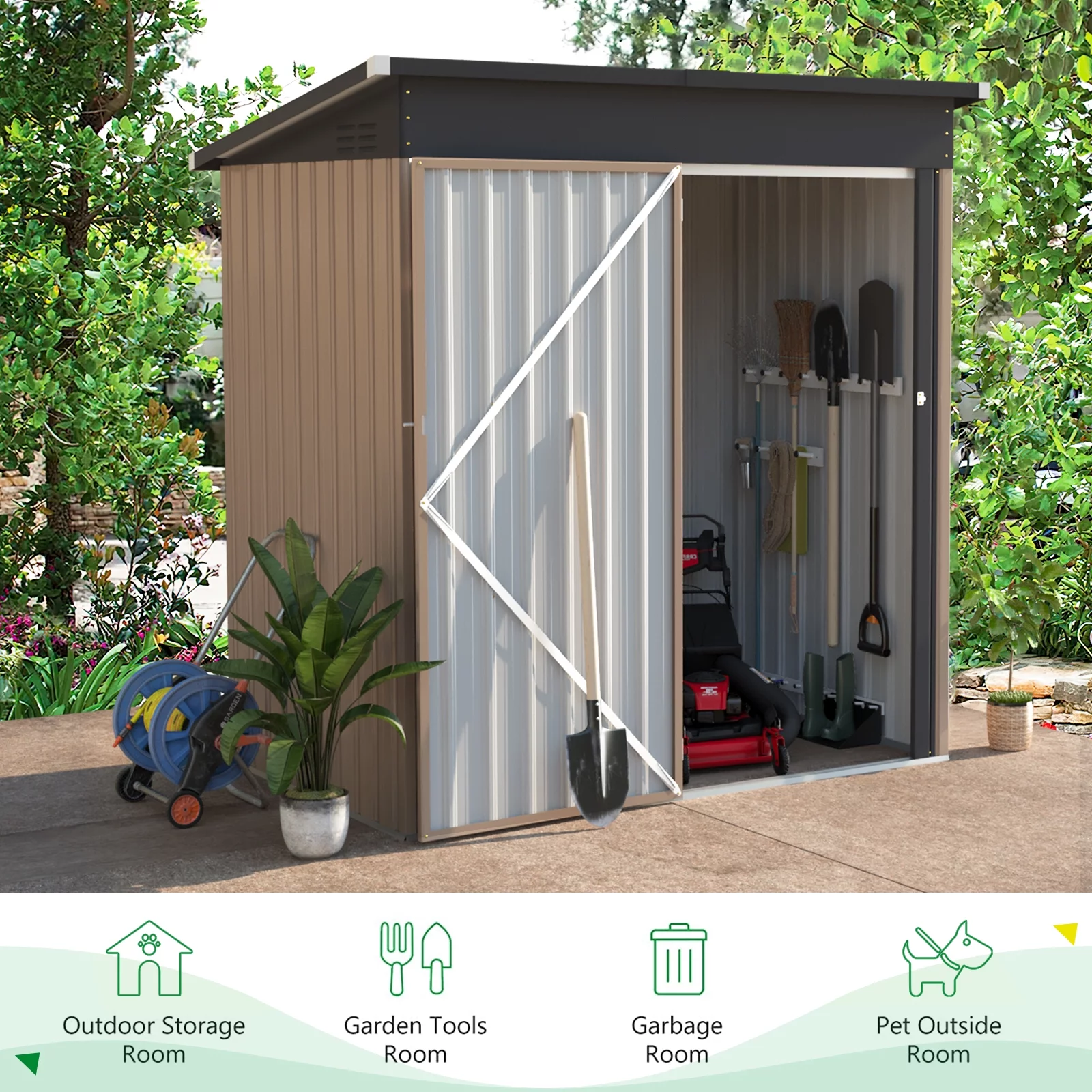 YODOLLA 5 x 3 ft. Outdoor Metal Steel Storage Shed with Sliding Roof & Lockable Door for Backyard, Garden