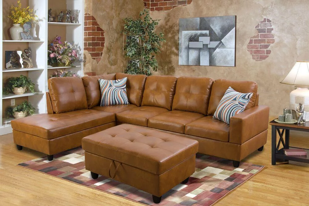 PonLiving 103.50" Wide Ginger Faux Leather Sectional with Ottoman Left Hand Facing
