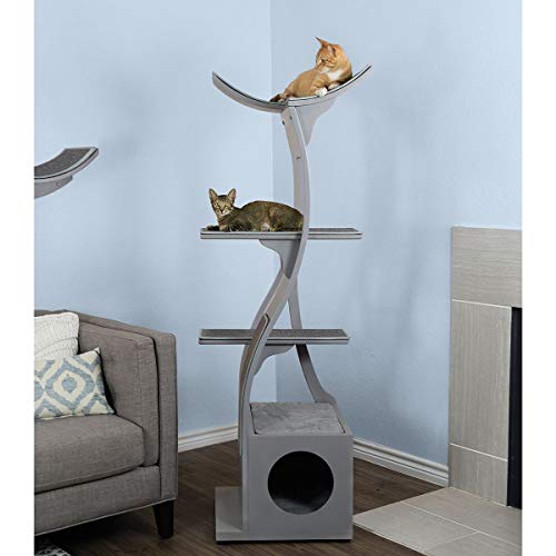THE REFINED FELINE 69 Inch Tall Black Espresso Lotus Cat Tower, Multi-Level Modern Cat Tree for Indoor Cats with Scratching Post, Climbing Cat Condo with Cushioned Cubby