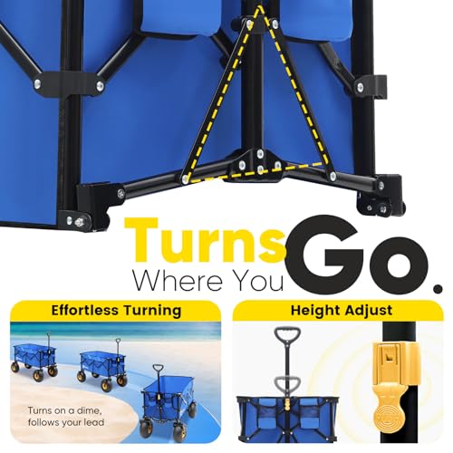 Heavy Duty Beach Wagon with 9" Big Sand-Proof Wheels – 440lb Capacity, Sekey 200L Oversized Foldable Cart | Adjustable Handle & All-Terrain Tires for Sand, Camping, Groceries. Blue&White