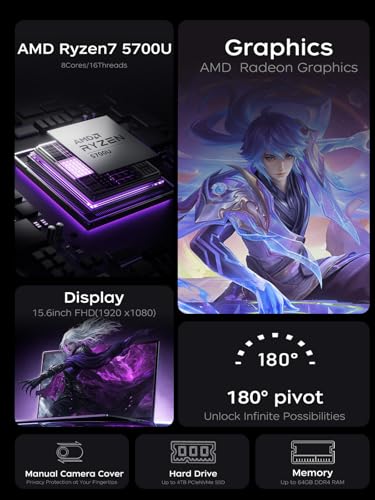 2025 AMD Gaming Laptop, 15.6inch Laptop Computer with AMD Ryzen 7 5700U(8C/16T, Up to 4.3GHz), 16GB RAM 512GB NVMe SSD Windows 11 Laptop, Radeon RX Vega 8 Graphics,WiFi 6