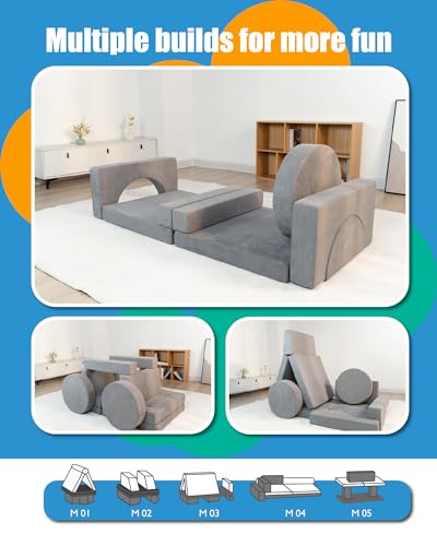 Kids Sofa Couch 15PCS - Modular Toddler Play Couch with Removable Cover, Multifunctional Kids Couch for Playroom Bedroom - Convertible Foam Toddler Sofa for Girls and Boys (Gray)