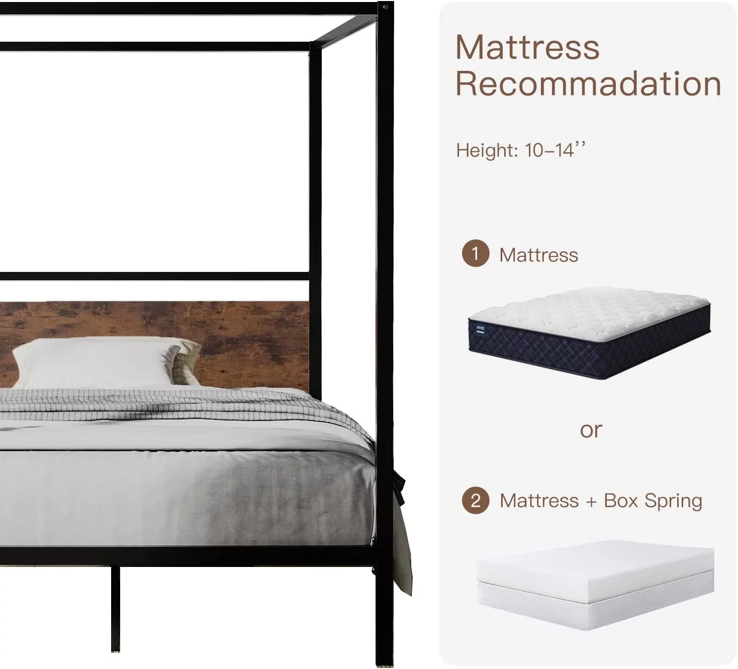 ikalido Queen Size Metal Canopy Bed Frame with Wooden Headboard  Classic Design Canopy Bed with 4 Sturdy Posters  Noise Free/ No Box Spring Needed/ Industrial Brown