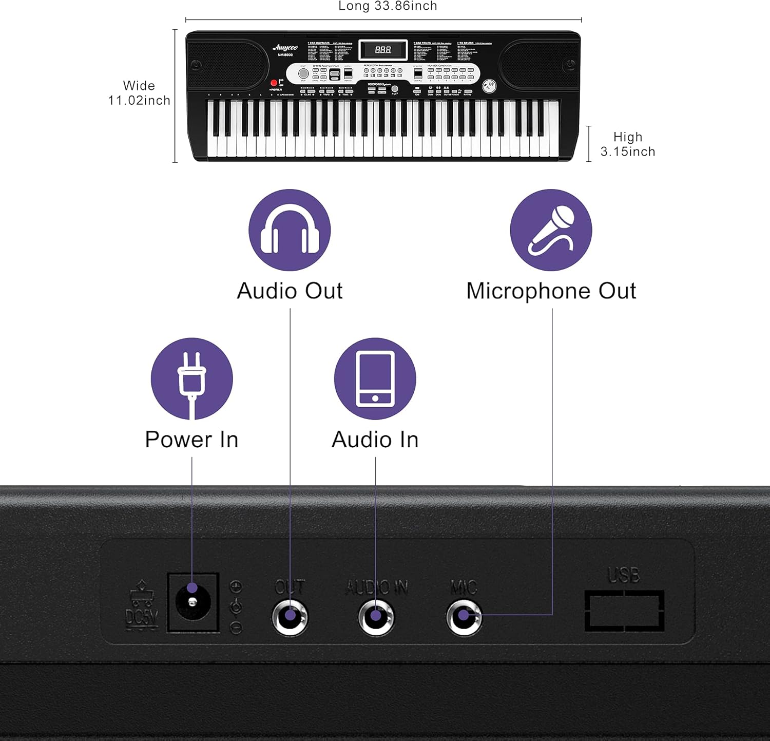 61-Key Electric Keyboard Piano, Amyove Portable Piano Keyboards for Beginners with LCD Display, Headphones, Microphone, Power Supply, Sheet Music Stand, Bench & Stand