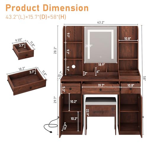 Farmhouse Vanity Desk w/Outlet & Stool, 11 Storage Shelves 3 Drawers 2 Big Cabinets, 43" White Vanity Table Make up Desk w/Mirror and Lights, Rustic LED Vanity Set for Women, Girls