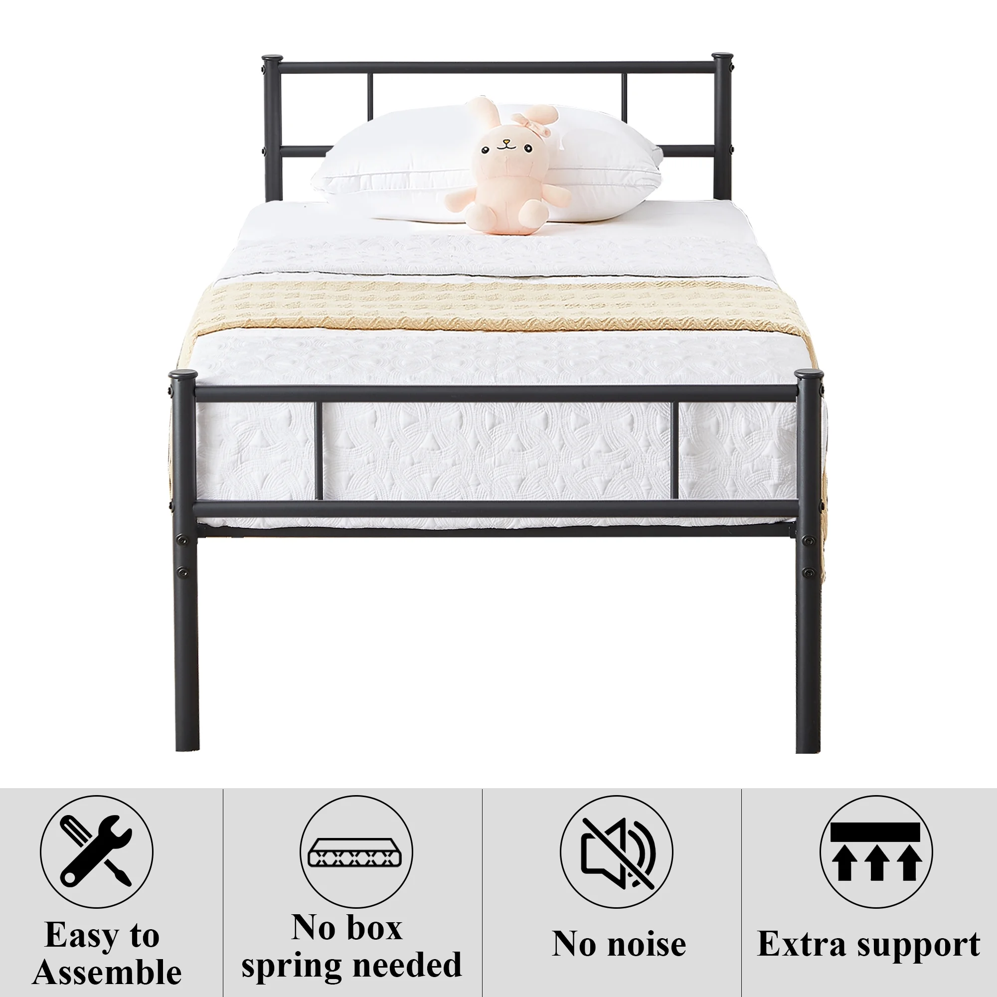 VECELO Twin Bed Frame with Headboard and Footboard, Metal Platform Bed Frame No Box Spring Needed Easy Assembly Mattress Foundation, Twin Size, Black