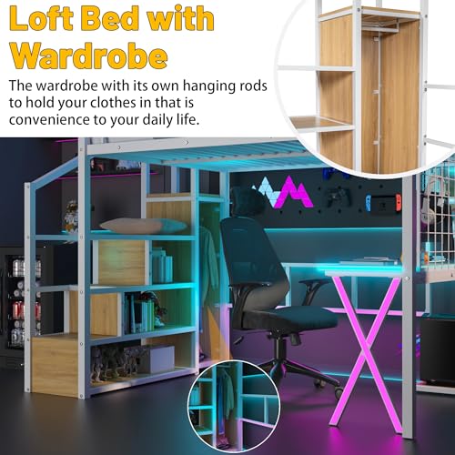 Full Size Loft Bed with Desk and Stairs,Metal Gaming Loft Bed Full with Wardrobe and Shelf, High Loft Bed with LED & USB Charging Station for Teens, Adults, Space Saving Design,Black