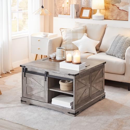 HOOBRO Farmhouse Coffee Table, Large Square Coffee Table for Living Room, Lift Top Coffee Table Square, Wooden White Coffee Table with Barn Door, Hidden Space, White and Walnut WH80KF01