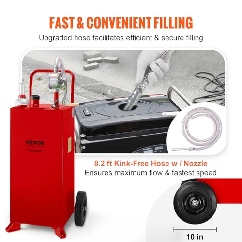 VEVOR Fuel Caddy 30 Gallon, Fuel Storage Tank with Wheels, Portable Gas Caddy with Manual Transfer Pump, Gasoline Diesel Fuel Container for Cars, Lawn Mowers, ATVs, Boats & More, Red
