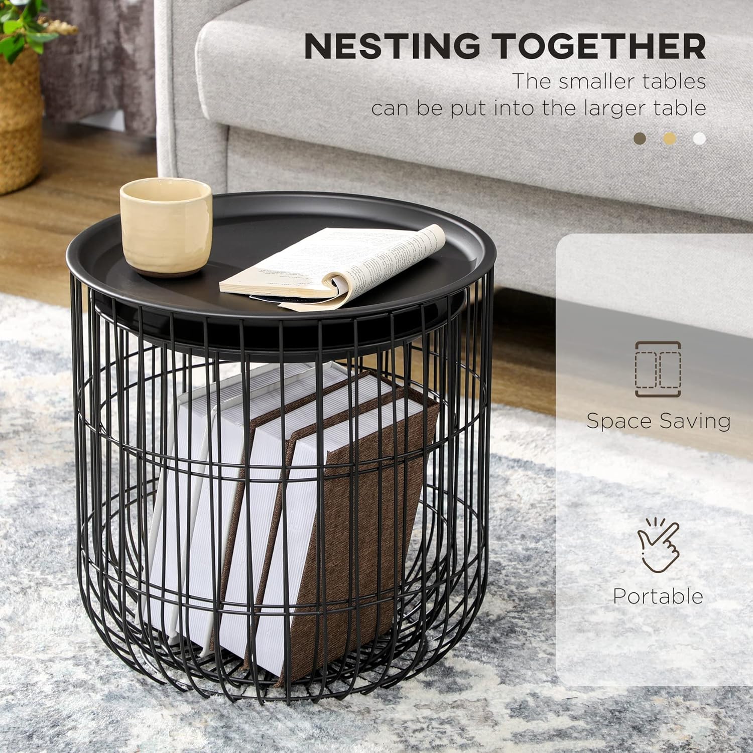 Nesting Coffee Tables, Round Coffee Table Set of 2 with Steel Wired Basket Body and Removable Top, Stacking End Tables Blanket Storage for Living Room, Black