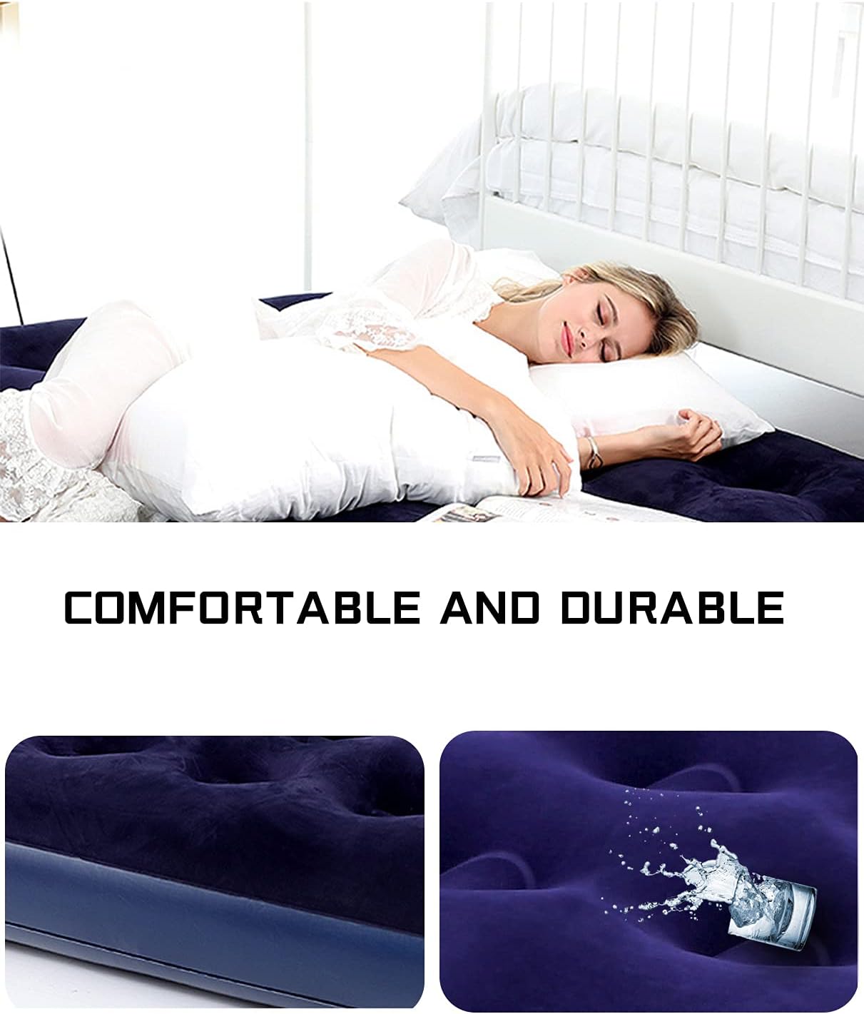 Single Size Air Mattress for Inflatable - Portable Blue Blow Up Mattresses with Flocked top - Foldable Air Bed for Tent Camping Home Travel Backpacking