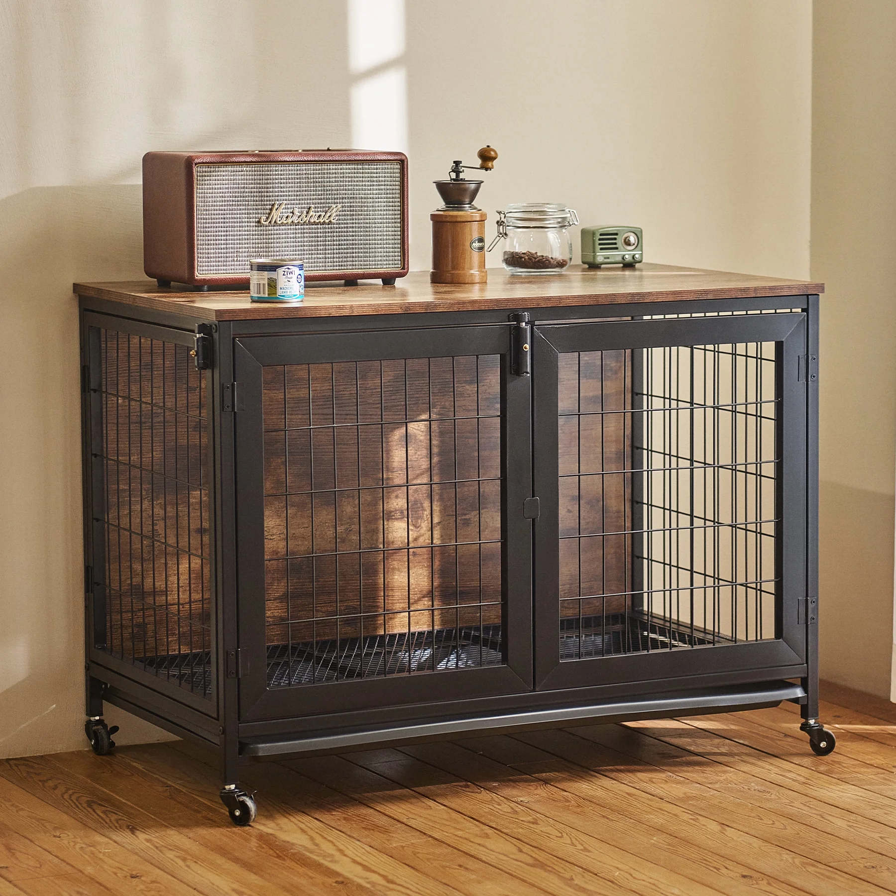 CO-Z Wooden Dog Crate End Table Triple Door Kennel with Wheels for Large Medium Dogs
