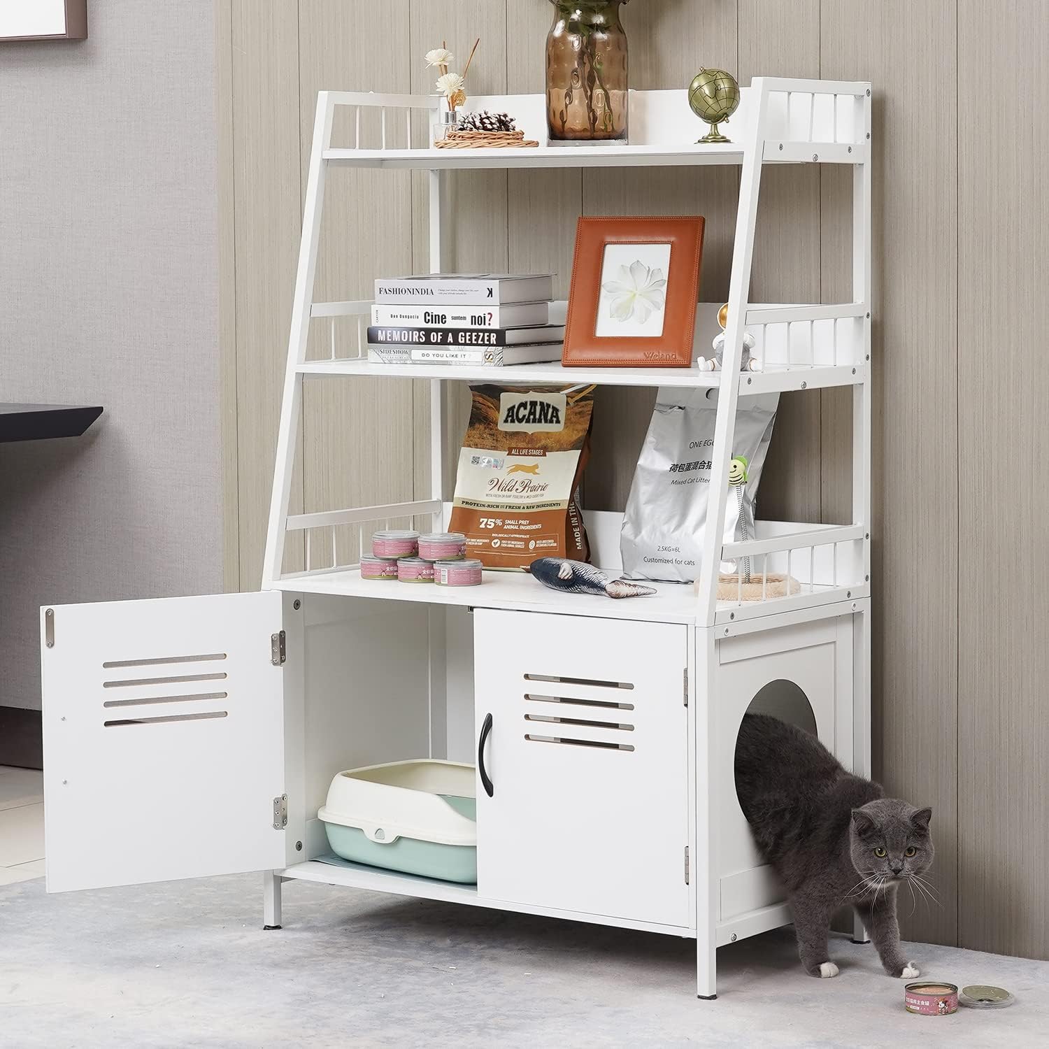 Hidden Cat Litter Box Enclosure Furniture with Shelf Storage and 2 Doors, Wooden Cat Cabinet Sturdy Cat Washroom with Scratch Pad White