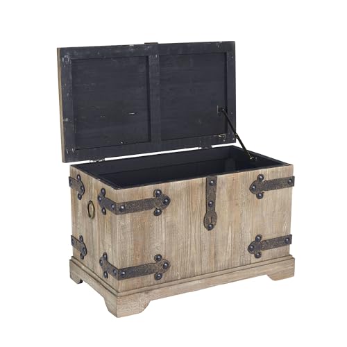 Household Essentials Decorative Trunk, Rustic, Large, Wood Frame and Metal Siding, Spacious and Handmade, Fully Opening Lid, Black Interior, Driftwood and Silver