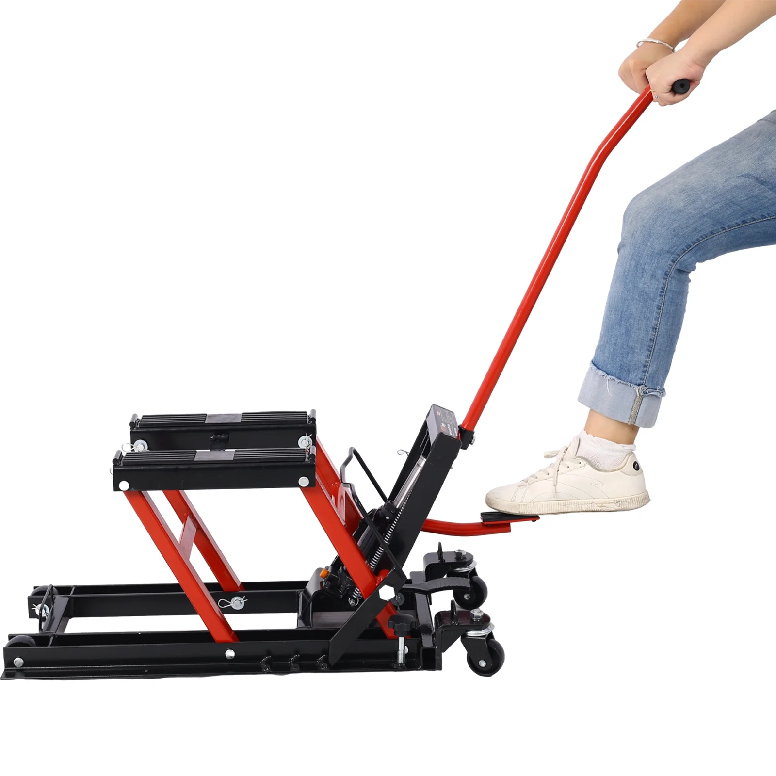Hydraulic Motorcycle Lift Jack, 1500 LBS Capacity ATV Scissor Lift Jack, Portable Motorcycle Lift Table with 4 Wheels, Hydraulic Foot-Operated Hoist Stand for Motorcycle ATV UTV with tie down - Curated Treasures Market