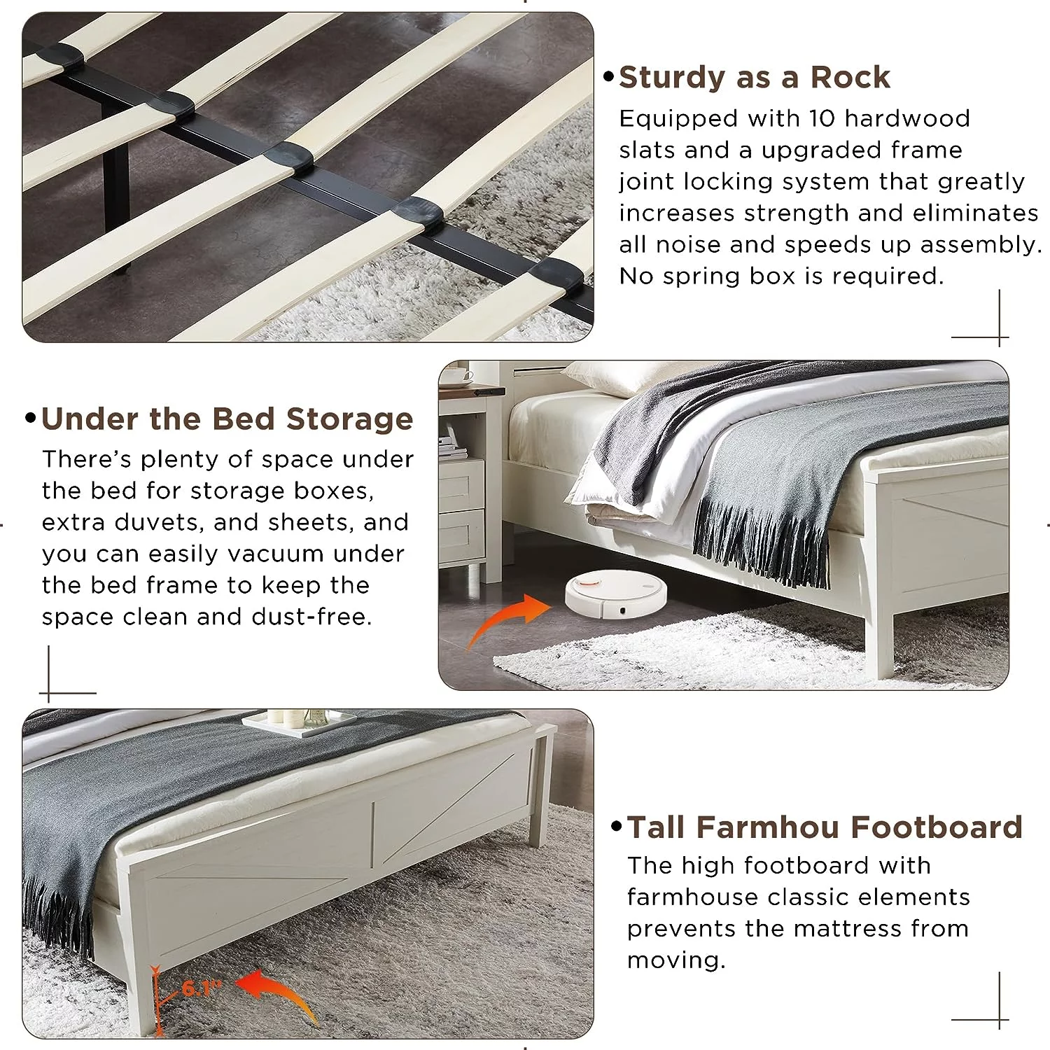 OKD Modern Farmhouse Full Platform Bed with Bookcase Headboard Storage and Charging Station, No Box Spring Needed, Anitique White Finish