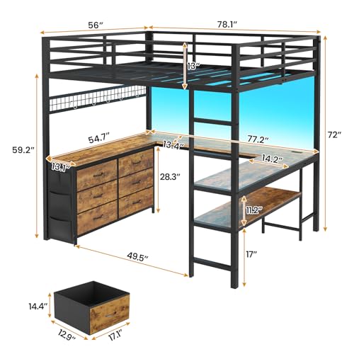 ADORNEVE Loft Bed Full Size with U-Shaped Desk, 6 Storage Drawers, Power Outlet, LED Metal Loft Bed with 2 Storage Shelves, Bed with Safety Guardrail & Ladders, No Box Spring Needed, Rustic Brown