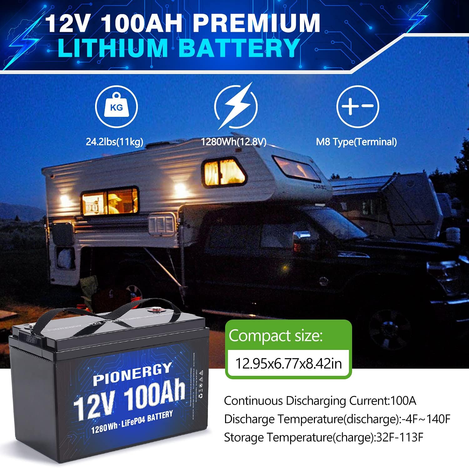 PIONERGY 12V 100Ah Lifepo4 Lithium Battery,12 Volt Lithium Battery with 100A BMS 1280Wh,100Ah 12V Lifepo4 Battery Perfect for RV,Solar, Marine,Off-Grid Applications