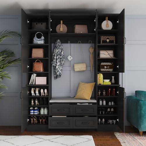 Homsee 78.7”H Hall Tree with 4 Double Coat Racks and Cushioned Bench, Modern Entryway Storage Organizer Cabinet with 6 Doors, 4 Drawers and Adjustable Shelves, Black