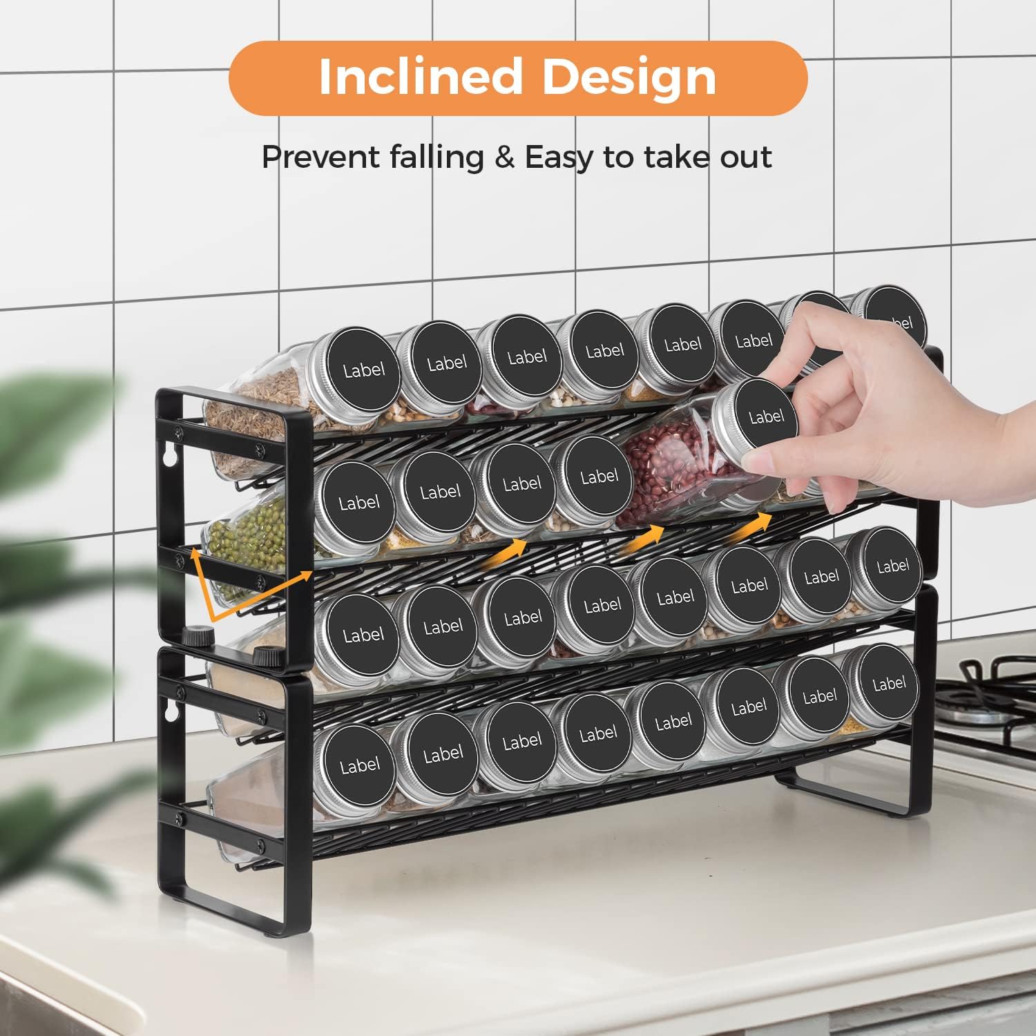JONYJ Spice Rack Organizer for Cabinet, 4-tier Spice Organizer, Expandable Seasoning Organizer, Stackable Spice Rack Wall Mount, Black Frosted Iron Countertop Spice Rack for Drawer
